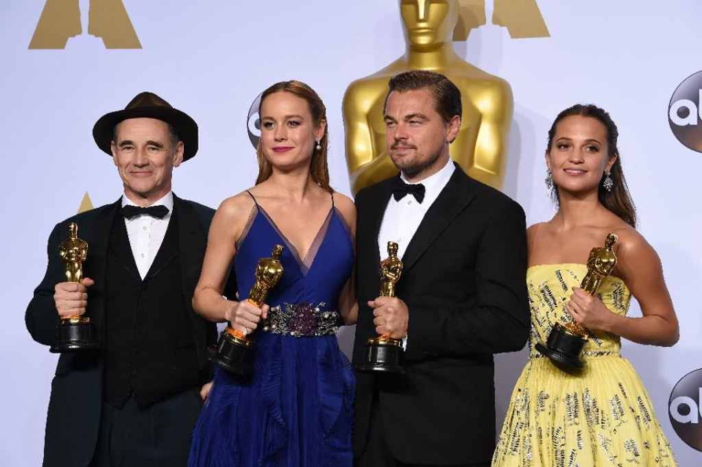 “Bộ tứ quyền lực” của Oscar năm nay: (từ trái qua) Mark Rylance – Brie Larsson – Leonardo DiCaprio – Alicia Vikander - Ảnh: AFP