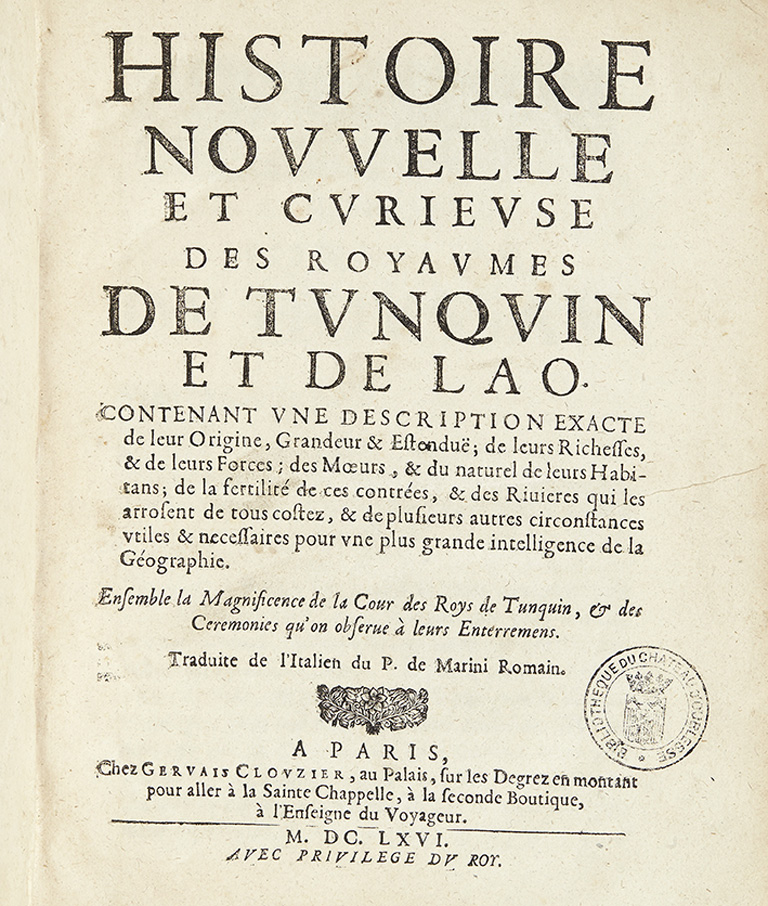 Cuốn sách ghi chép về VN và Lào của giáo sĩ G.F de Marini xuất bản bằng tiếng Pháp tại Paris năm 1666 - Ảnh: T.L