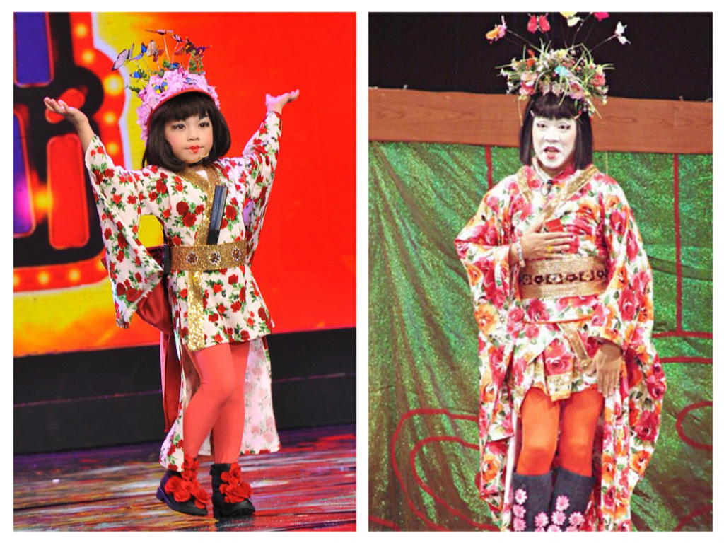 An Khang với phong cách Geisha khi hóa thân thành NSƯT Thành Lộc trong tiết mục “Nữ thần nhảy múa” ở tập 4 Thử Tài Siêu Nhí