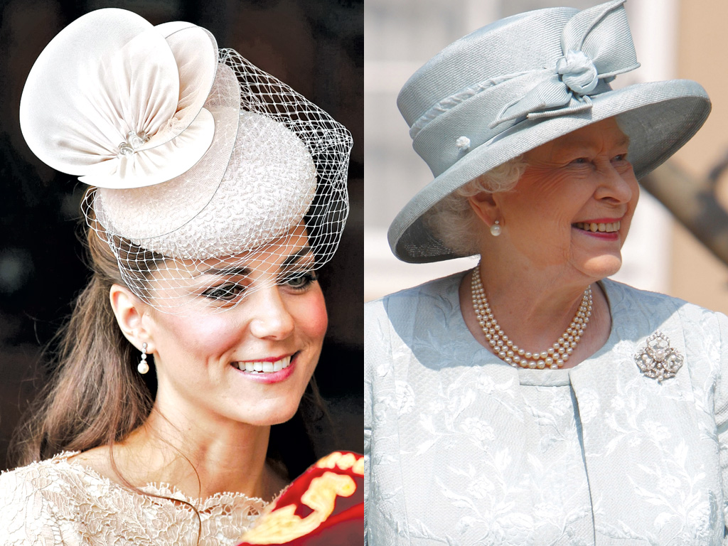 Công nương Kate Middleton với hoa tai ngọc trai (trái) và Ngọc trai là trang sức ưa thích của nữ hoàng Elizabeth II - Ảnh: Paimages - Reuters