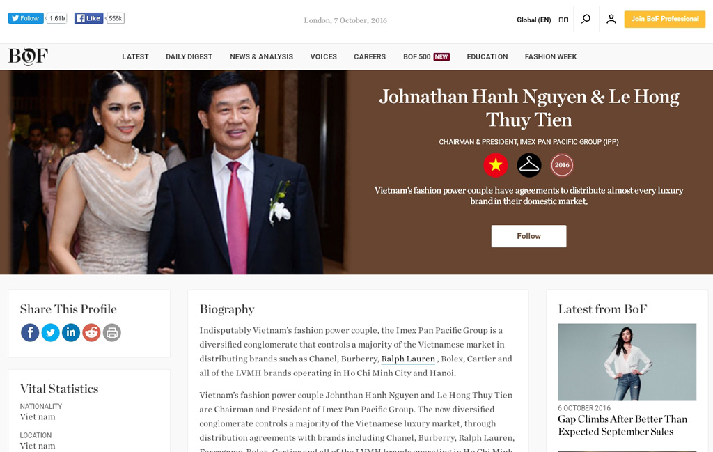 Thông tin của cặp đôi quyền lực làng thời trang Việt trên Business of Fashion - Ảnh chụp màn hình