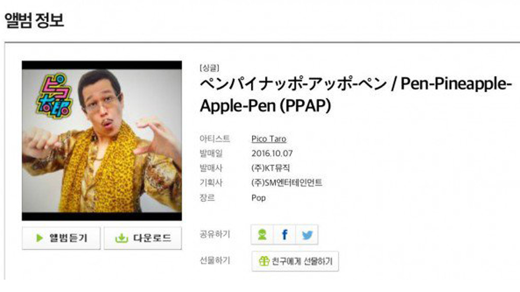 Piko Taro với phần thông ty chủ quản là SM Entertainment - Ảnh: Chụp màn hình Melon Chart