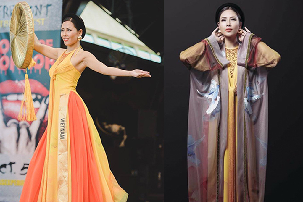 Nguyễn Thị Loan trong bộ áo tứ thân cách điệu của phần thi trang phục dân tộc tại Miss Grand International 2016