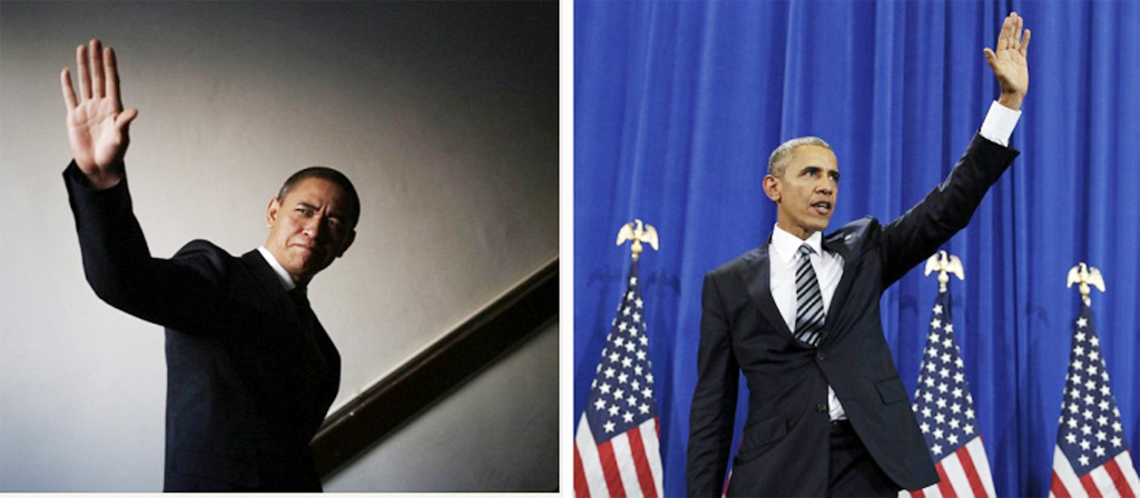 Xiao Jiguo (trái) bắt chước điệu bộ chào giống Tổng thống Barack Obama. Ảnh chụp màn hình trang web của Daily mail