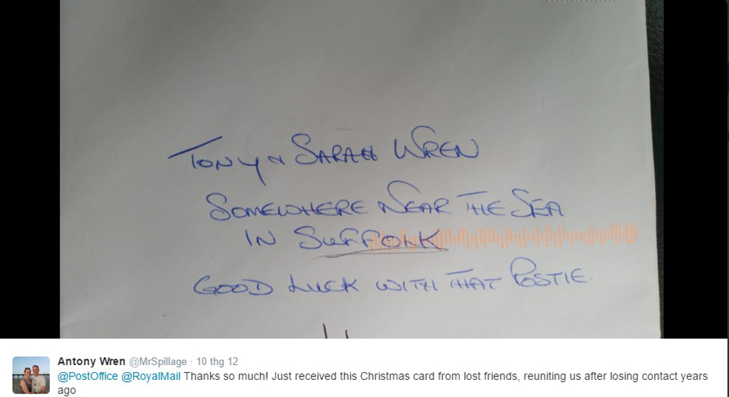 Ông Wren cám ơn tới bưu cục đã gởi lá thư đúng người nhận dù bì thư không có địa chỉ - Ảnh chụp màn hình Twitter/ Antony Wren