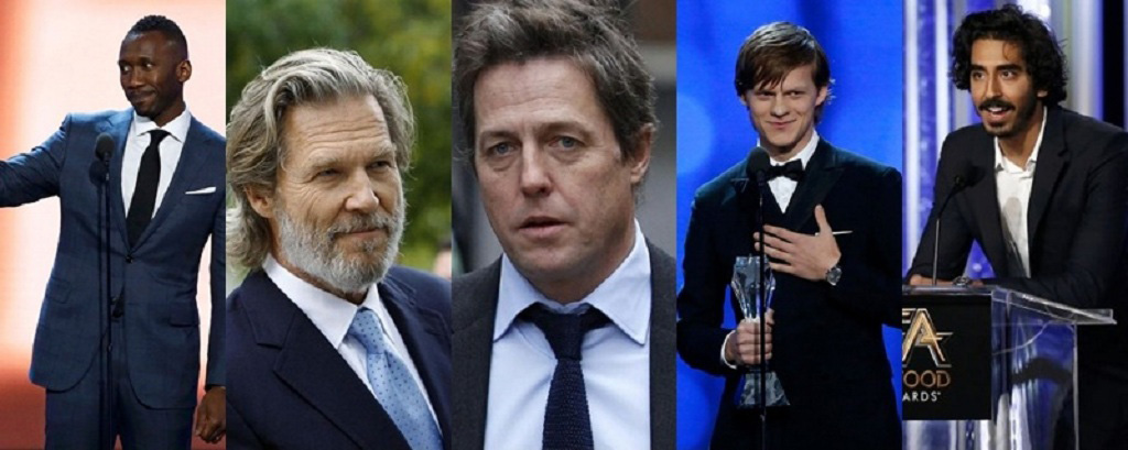Các diễn viên tranh tài hạng mục Nam phụ xuất sắc nhất (từ trái qua): Mahershala, Jeff Bridges, Hugh Grant, Lucas Hedges và Dev Patel - 