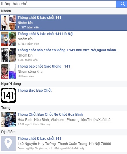 Trên Fcebook có nhiều group thông báo chốt CSGT - Ảnh chụp màn hình