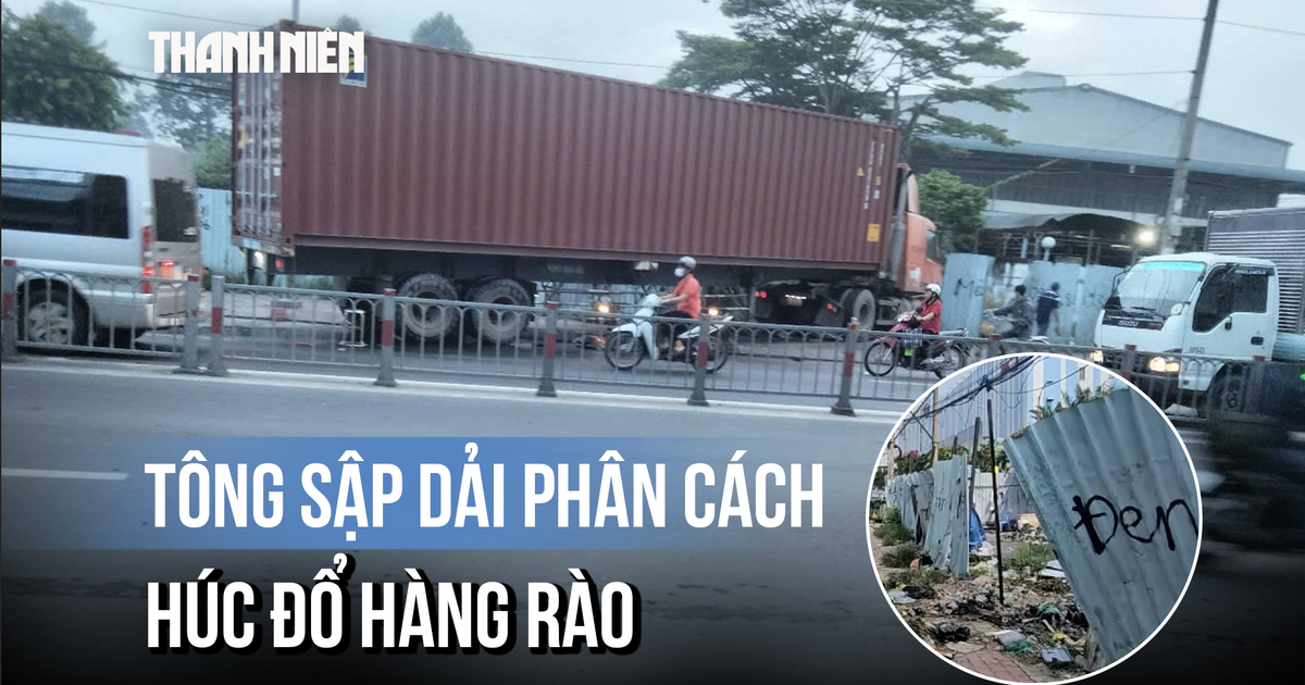 Thót tim xe container tông dải phân cách, húc đổ hàng rào ở vùng ven TP.HCM