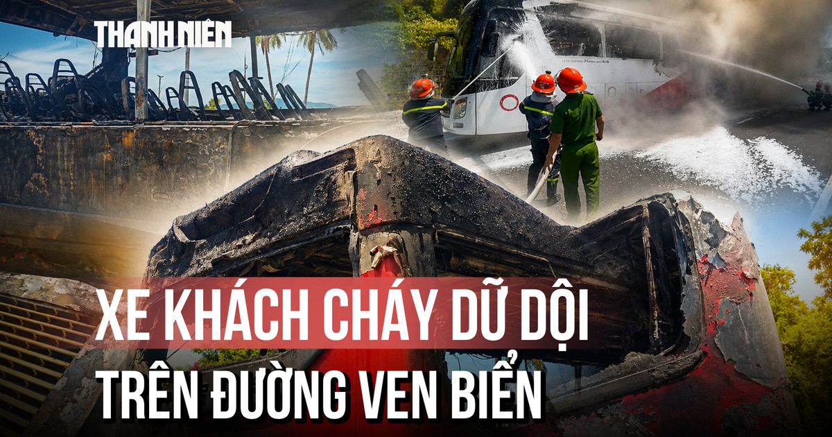 Xe khách bốc cháy dữ dội trên đường ven biển Nha Trang