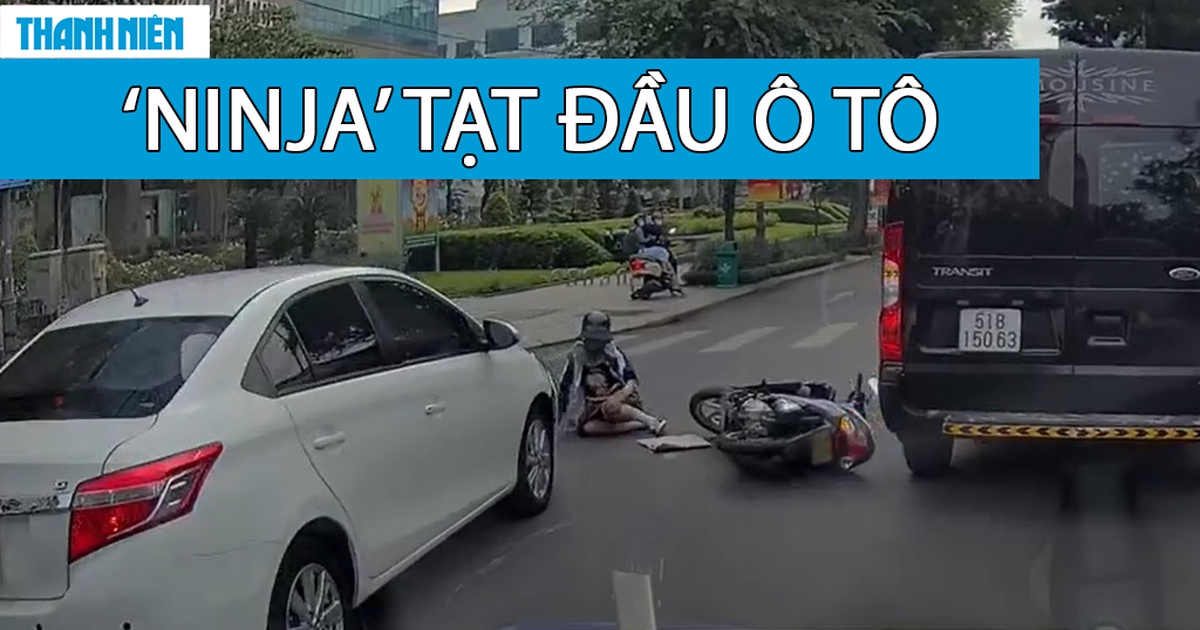 Bất ngờ tạt đầu ô tô, ‘ninja’ bị đâm ngã sõng soài