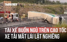 Tài xế buồn ngủ trên cao tốc, xe tải mất lái lật nghiêng