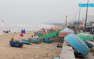 Cẩu hàng trăm thuyền thúng ở làng Phước Hải để chống bão số 9