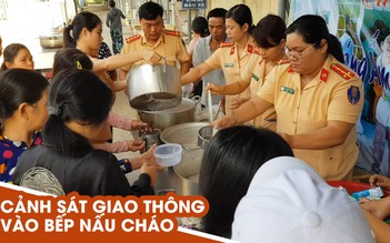 Cảnh sát giao thông vào bếp nấu cháo cho người nghèo ở bệnh viện