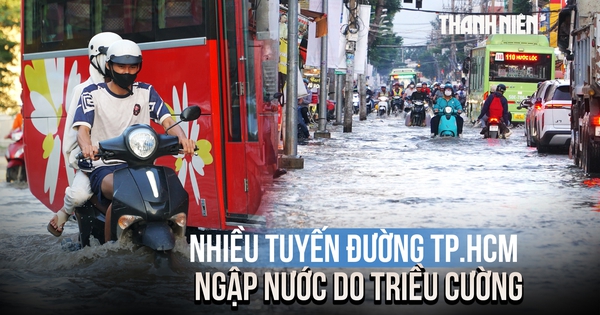 Triều cường dâng cao, đường Phạm Hữu Lầu nước ngập gần bánh xe máy