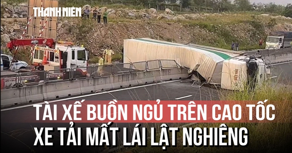 Tài xế buồn ngủ trên cao tốc, xe tải mất lái lật nghiêng