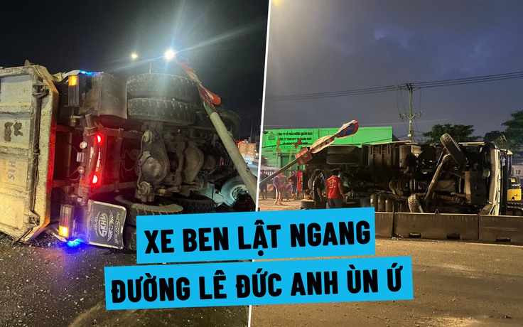 Ùn ứ trên đường Lê Đức Anh vì xe ben chở đá lật ngang 