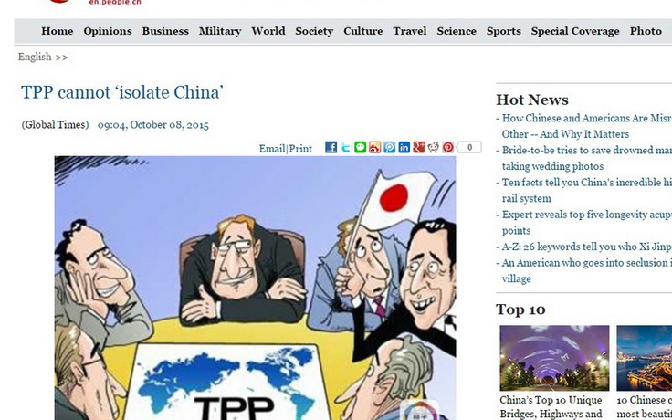 Trung Quốc lên tiếng phản pháo TPP