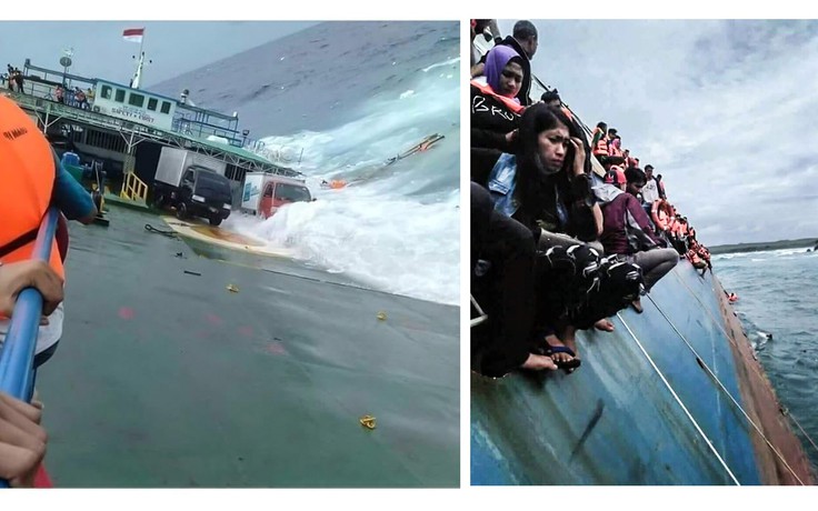 Thót tim nhìn hành khách bám víu khi phà chìm dần ở Indonesia