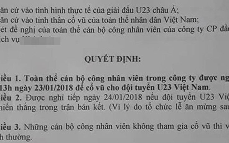Cho cả công ty nghỉ việc để xem U.23 Việt Nam đá bán kết