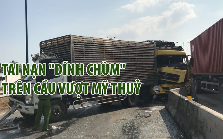 Hai xe tải nát đầu vì tai nạn “dính chùm” trên cầu vượt Mỹ Thuỷ